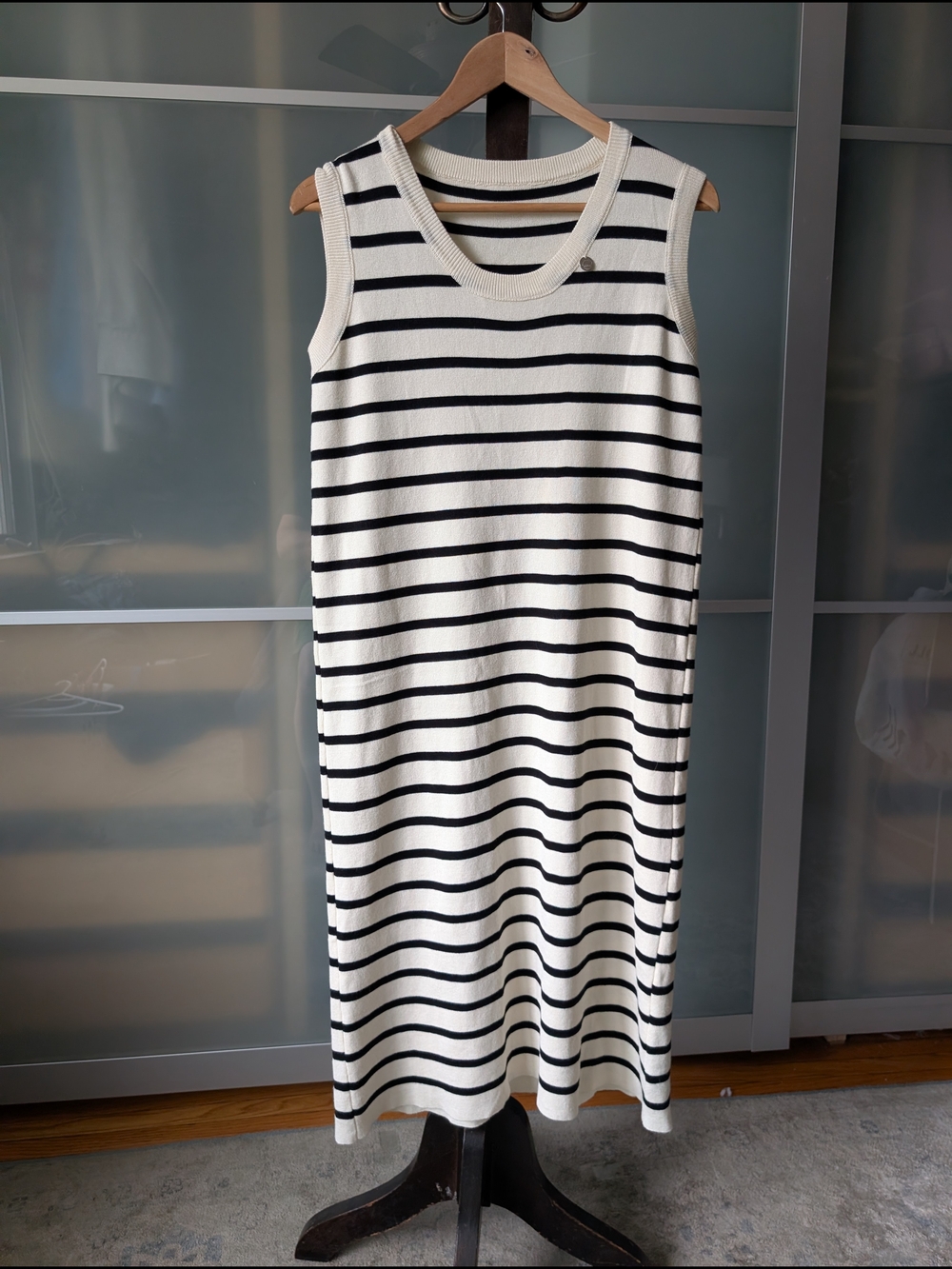 Sleeveless Striped Knit Midi Dress - White & Black - Medium